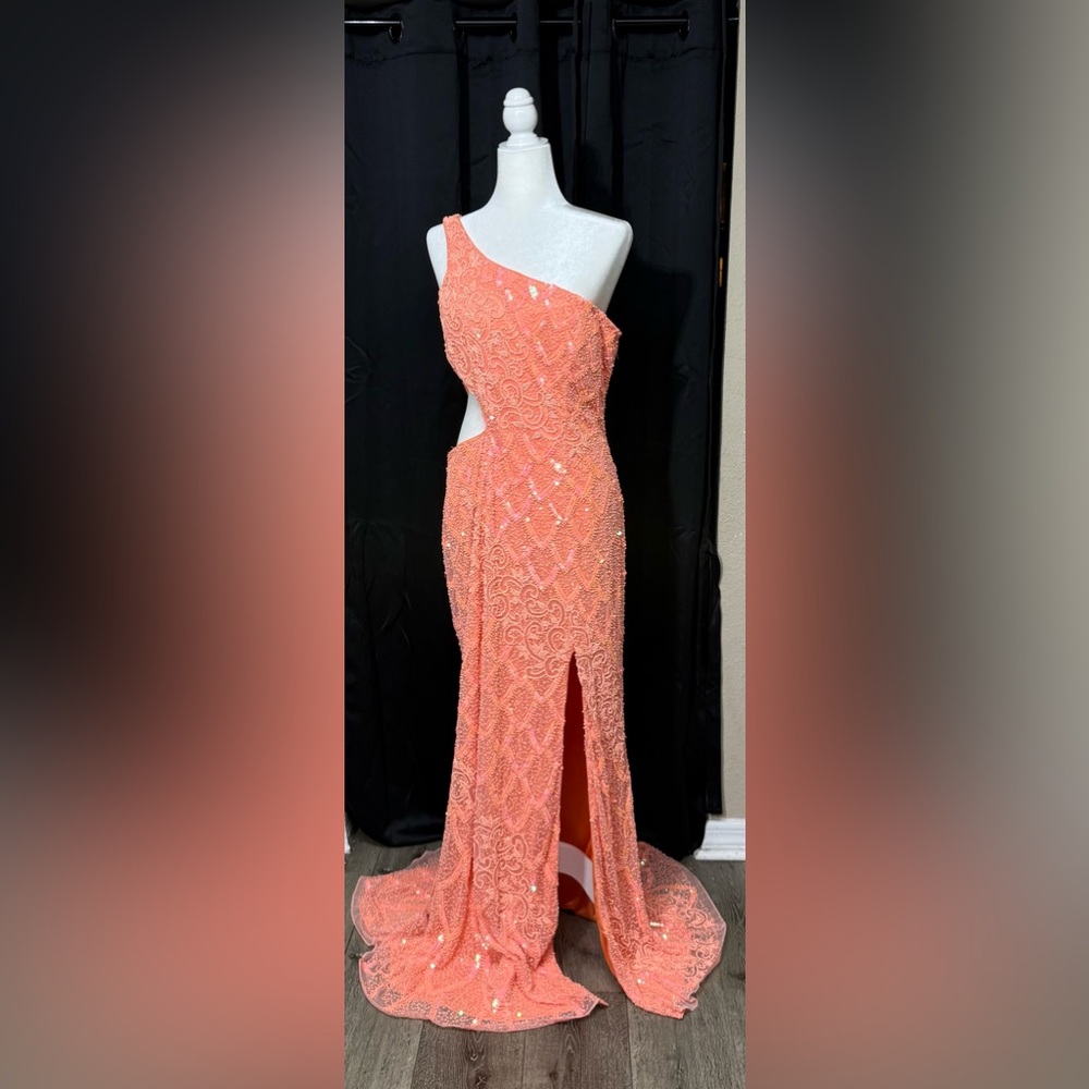 Elegant Primavera Coral Sequin Evening Gown